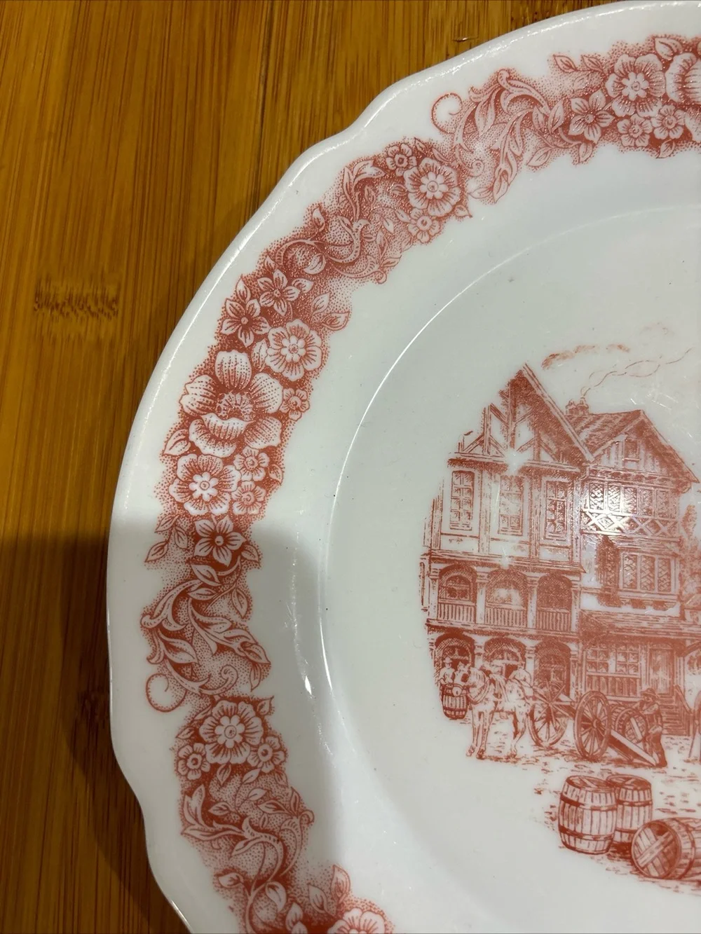 Red Transferware Dinner Plate with Floral Border